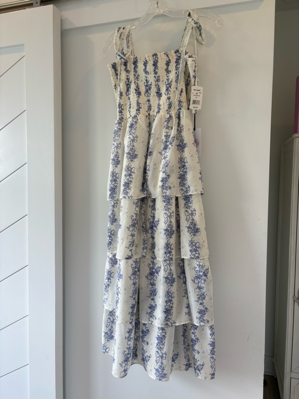 White and Blue Tiered Floral Maxi Dress